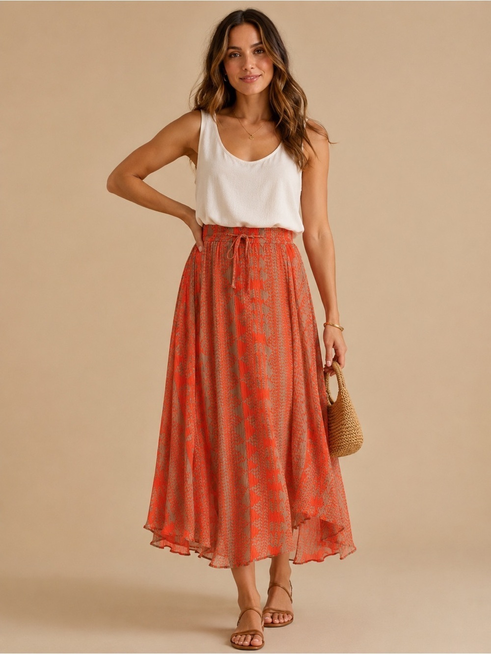 New York & Company Orange Pleated Midi Skirt Zebra Print Drawstring Waist M